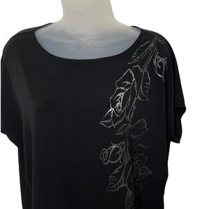 Sushi Flower Top Women 1X Black w/ Silver Metallic Roses Stretch Knit Whimsigoth